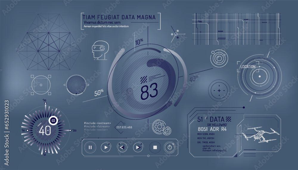 Poster set of infographic elements about virtual reality drone control.