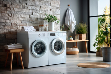 Interior of a room with a washing machine and a clothes dryer - obrazy, fototapety, plakaty