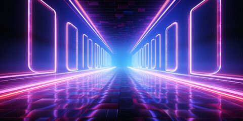 Transport yourself to the future with a long corridor bathed in neon fluorescence against a cyber-style background - obrazy, fototapety, plakaty
