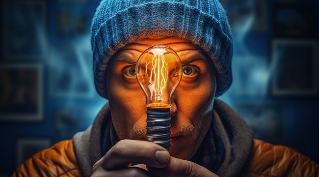Man holding a light bulb close to his face, idea concept. Generative AI