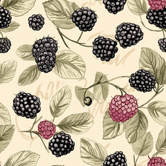 Seamless vintage pattern with blueberries and blackberries. Hand drawn pattern on beige background. For fabric, drawing labels, print, fruit
