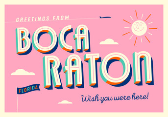 Greetings from Boca Raton, Florida, USA - Wish you were here! - Touristic Postcard. Vector Illustration.