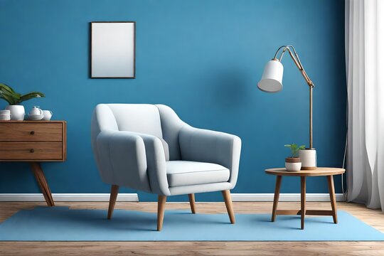 Home decor concept,armchair with wood table on Blue paint color wall and Hardwood Flooring at the home,interior design.