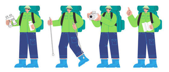 Hiking trek trail outdoor activity character set of flat illustration green jacket flat line holding map camera stick binocular