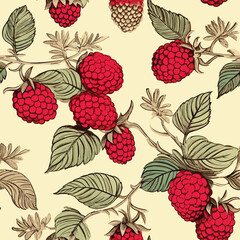Seamless vintage pattern with raspberry berry. Hand drawn raspberries pattern on beige background. For fabric, drawing labels, print, wallpaper of children's room, frui