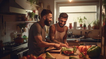 LGBTQ couple in love cooking together good memories