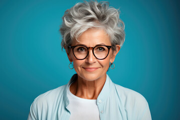 Smiling elderly woman in glasses with gray hair on a blue background in the studio