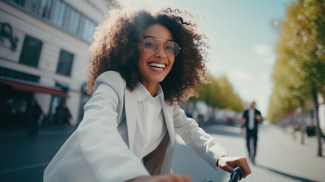 Black young stylist woman cycling in the city