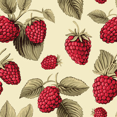 Seamless vintage pattern with raspberry berry. Hand drawn raspberries pattern on beige background. For fabric, drawing labels, print, wallpaper of children's room, frui - obrazy, fototapety, plakaty