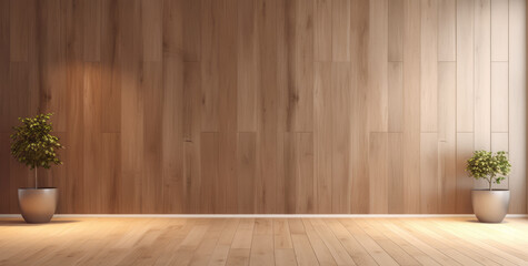 Empty minimalist wooden living room interior