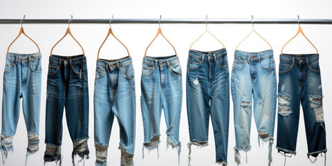 Blue jeans shirt and shorts jeans on hanging and blue torn jeans isolated