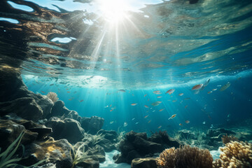 An underwater photo of the ocean with sunlight coming into the water and lots of fish.