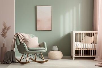 A pastel-hued interior of minimal design, featuring a rocking chair, a crib, a wall vase, cushions, pillows, and other cozy furniture, creates a warm and inviting atmosphere in the baby's room