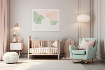 This pastel-colored interior design features minimal furniture and wall accents, creating a cozy and inviting room with a rocking chair, a crib, a loveseat, a nightstand, and comforting furnishings
