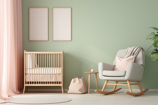This minimalist pastel-colored baby room is a soothing and stylish space, featuring cozy furniture, decorative pillows, and a peaceful window view that makes the perfect spot for parents to relax