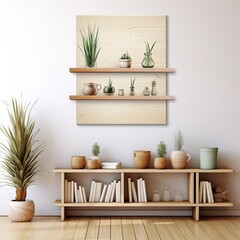 A vibrant array of houseplants arranged artfully on a wooden shelf, with bright flowerpots and vases adding a splash of color to the room, creates a beautiful, inviting atmosphere in any home