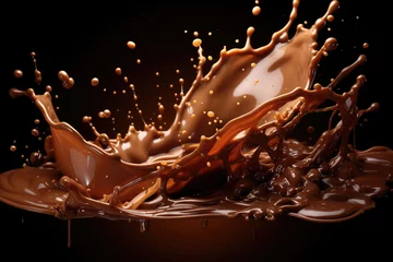 Fotobehang Splashes of liquid chocolate on a dark background © Michael