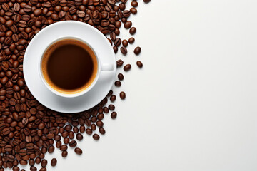 Coffee cup and coffee beans on white background. Top view. Cup of coffee on whgite table and coffee beans scattered chaotically around. Morning boost of energy, coffee drink.