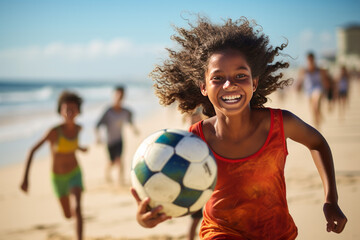 kid holding football or soccer ball on beach