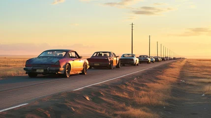Fotobehang Abandoned cars in rows at sunset. © OKAN