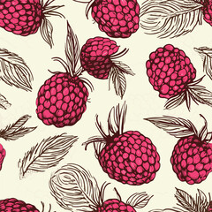 Sketch style raspberries with abstract elements. Vector seamless pattern. Hand drawn illustrations
