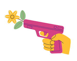 Hand holding pistol shoot flower symbol no violence peace international human rights awareness gun rose