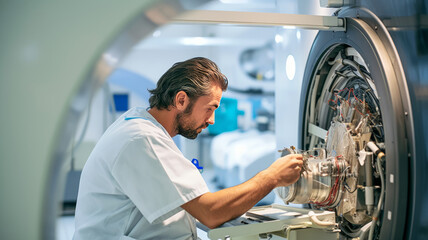 Service technician repairing an MRI machine at a hospital. - obrazy, fototapety, plakaty