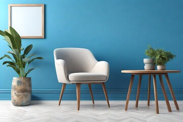 Home decor concept,armchair with wood table on Blue paint color wall and Hardwood Flooring at the...