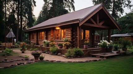 Fototapeta na wymiar Rustic log cabin pension with a charming exterior and cozy interiors