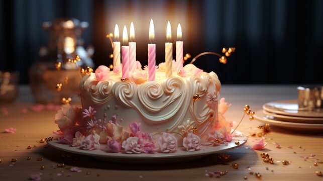 Hyper-realistic close-up of a birthday cake capturing intricate details of icing and candles.