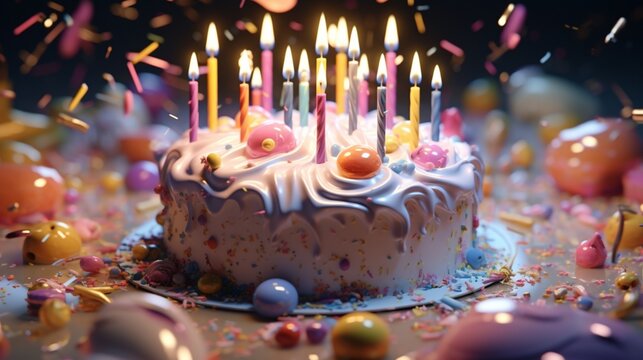 Generate a hyper-realistic extreme close-up image of a birthday cake, capturing every intricate detail of its icing and candles.