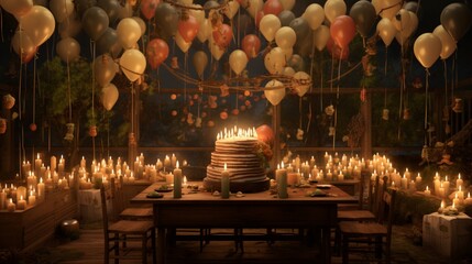 Imagine a cozy, rustic birthday gathering with earth-toned balloons, a cake inspired by nature, and lantern-like candles.
