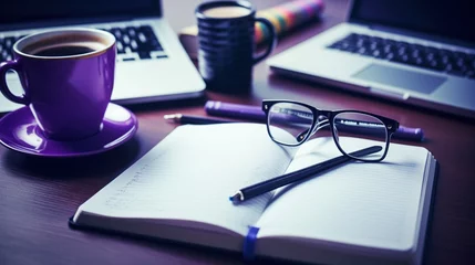 Foto op Canvas Desk with laptop,note pad, pen, Coffee Cup, eyeglasses, isolated purple background. AI generated © prastiwi