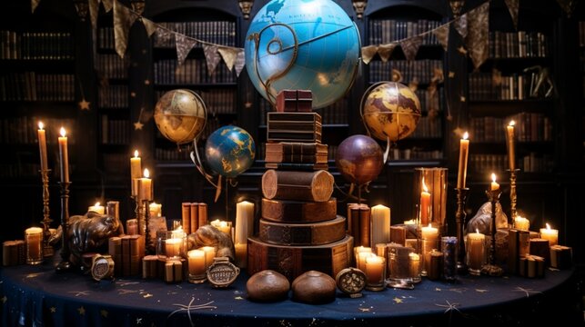 Imagine a magical wizard's library-themed birthday party with balloons resembling spell books and scrolls, a cake adorned with magical tomes, and candles that flicker like enchanted parchment
