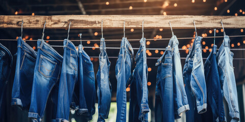 Blue torn jeans with blue shirts on hanging - obrazy, fototapety, plakaty