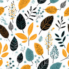 Vector autumn seamless pattern with fall leaves and berries. Yellow and white colors. Fall endless background