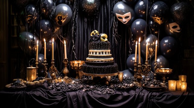 Imagine a masquerade-themed birthday soir?(C)e with balloons in rich, dark hues, a cake adorned with elegant masks, and candles hidden behind ornate holders.