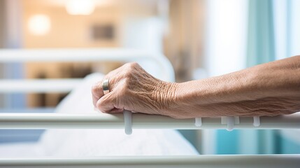 Patient's hand holding a hospital bedrail