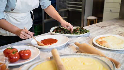 Obraz na płótnie Canvas Chef de cozinha preparando molho para massa de pizza, cozinha italiana, ervas, temperos, pizza