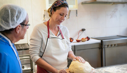 Mulher de meia idade dando aula de culinária italiana para um senhor, fazendo massa de pão, pizza, em uma cozinha semi-industrial