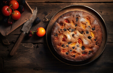 Homemade fruit cake on the rustic background, top view, copy space