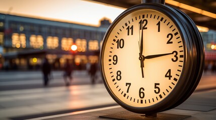 A close-up of a clock face on a train platform, ensuring timely departures