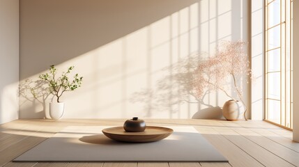 A serene Zen meditation room with minimalistic decor - obrazy, fototapety, plakaty
