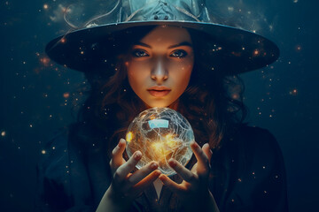 Gothic Wiccan astrologist woman, in ethereal fashion and wide-brimmed hat, predicts fortune using a magic crystal ball