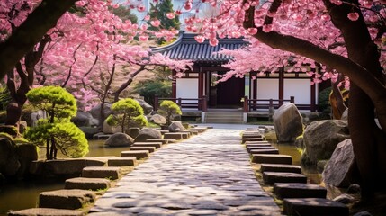 A Zen temple garden with blooming cherry blossoms - obrazy, fototapety, plakaty