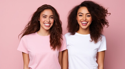 Cheerful young international women demonstrate peace gesture against pink studio background. African brunette in T-shirt, European model with long wavy red hair.