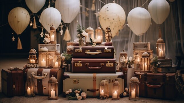 Picture a vintage travel-themed birthday celebration with balloons resembling hot air balloons, a cake adorned with vintage suitcases, and candles in rustic lanterns.