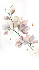 delicate watercolor drawing of flowers in soft colors with splashes of drops on a white background
