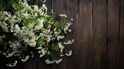 Fototapeta na wymiar A cascade of gypsophila (baby's breath) and marjoram on distressed wood, highlighting a palette of snow white, muted green, and rustic brown.