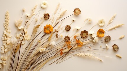 Wild daisies and dried barley stalks artistically arranged on a vintage parchment, accentuated by colors of cream, pale yellow, and earth brown. With copy space.  - obrazy, fototapety, plakaty